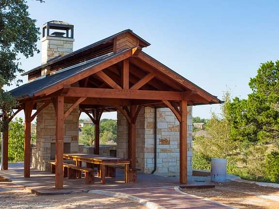 Residential timber frame outdoor pavilion with view 1